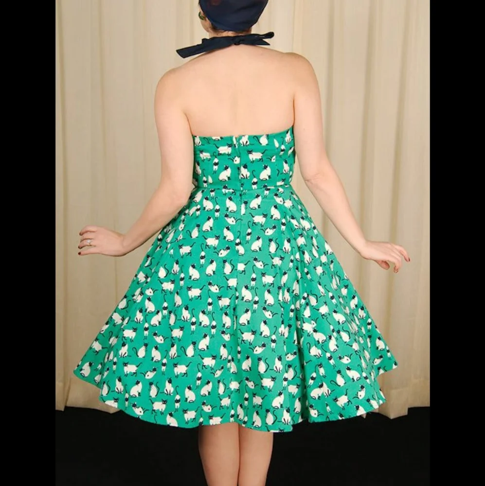 NWT Eva Rose vintage inspired rockabilly swing dress with halter cat print L - Picture 4 of 16